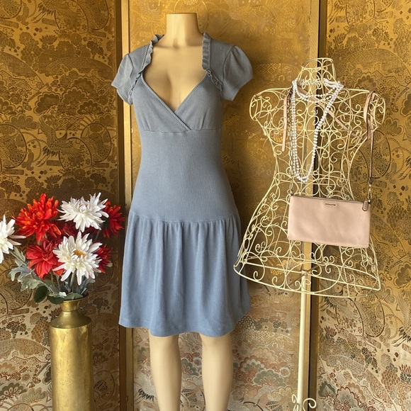 Free People Blue Puff Sleeve V-Neck Sundress - Picture 1 of 7